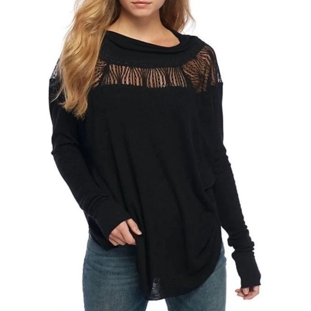Free People Black Waffle‎ Knit Slouchy Top Long Sleeve Lace Raw Hem Sz SM Goth